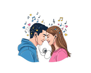 Obraz premium Romantic couple sharing earphones listening to music. Happy man and woman touching foreheads with notes and hearts. Love, harmony and relationship concept. Flat vector illustration.