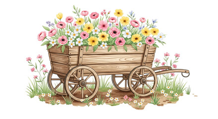 Rustic Wooden Cart With Colorful Spring Flowers Watercolor