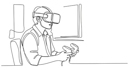 Man using virtual reality headset and controllers.