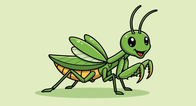 Cute Cartoon Praying Mantis Insect Illustration Vector.