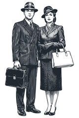A retro couple, a man and a woman, dressed in classic 1940s business suits. vector illustration in a vintage woodcut or engraving style.