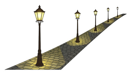 Vintage Street Lamps Illuminating Cobblestone Path At Night