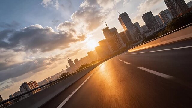 Sunset highway road extending to modern city skyline with clouds