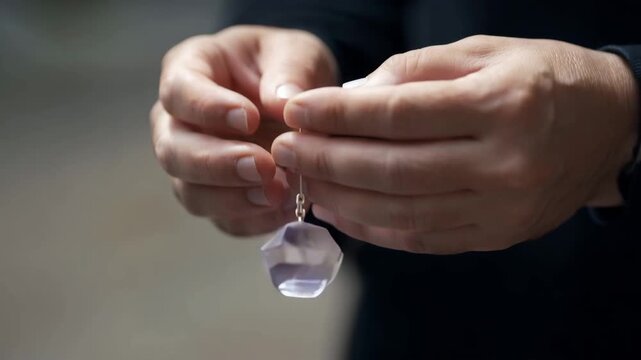 Human hands with calm focused mood holding crystal pendulum against soft neutral background