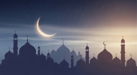 Crescent moon over Islamic mosque silhouettes at dusk Ramadan Kareem night sky with stars cultural celebration background