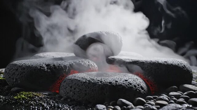 Mysterious Glowing Hot Stones Emitting Steam and Smoke