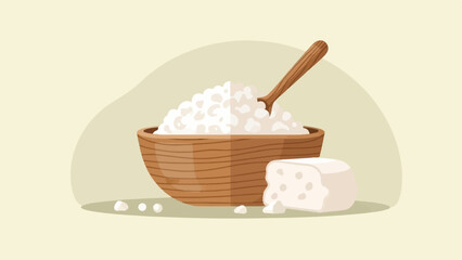 A wooden bowl filled with white cottage cheese and a spoon rests on a surface