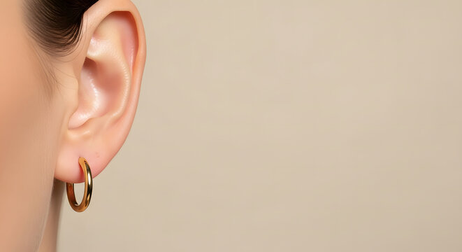 Close-up of a woman's earlobe wearing a small shiny gold hoop ea