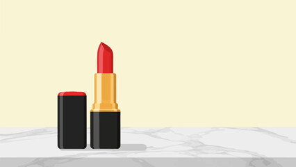 A vibrant red lipstick stands open on a marble surface with a soft yellow background