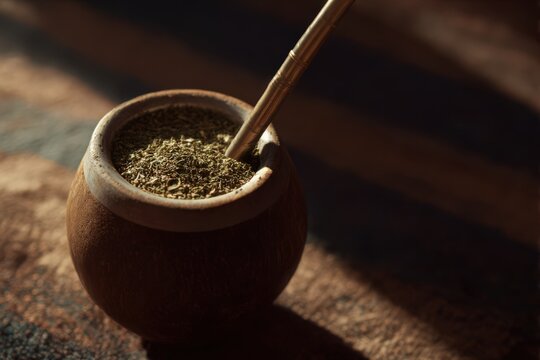 Drinking mate tea with bombilla straw from traditional gourd in a cozy setting during afternoon gathering