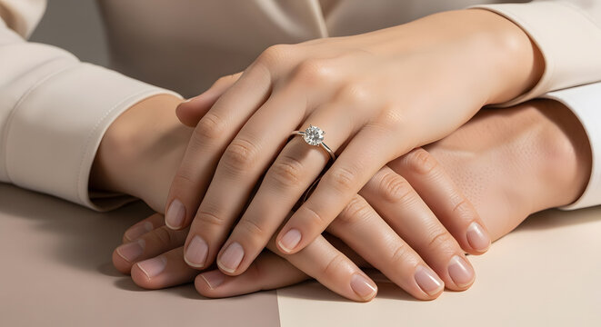Close-up of two hands resting on a surface, woman wearing a diam