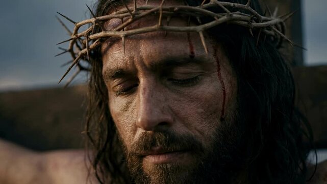 Close-up of Jesus Christ suffering on the cross with a crown of thorns. Blood trickles down his face in a dramatic depiction of the crucifixion. The passion and sacrifice of God's son