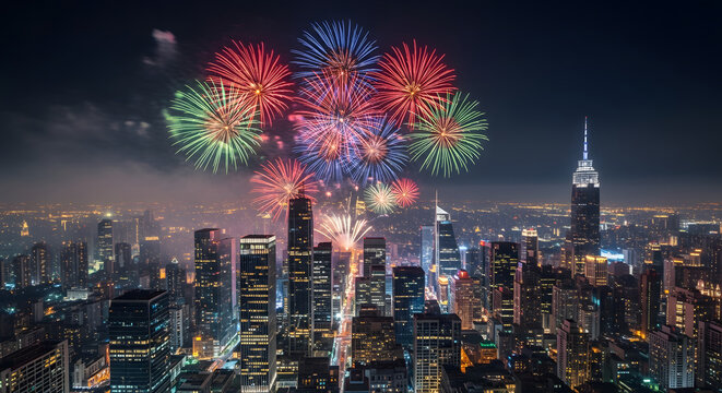 Colorful fireworks exploding over a modern illuminated city skyl