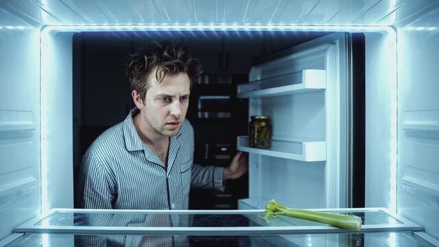 A hungry man in pajamas looks inside a nearly empty refrigerator at night. A disappointed person finds only celery and pickles, representing poverty, diet, and financial crisis