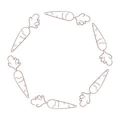 Carrot wreath in line art style. Design for vegan cafe, Easter card isolated on white background.