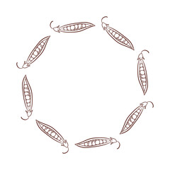 Peas wreath in line art style isolated on a white background. Design for vegetable store packaging.