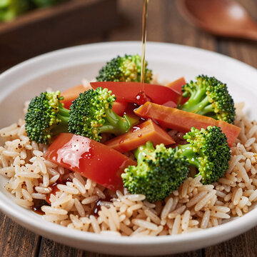Vegetable stir-fry with broccoli, bell peppers, and carrots served over brown rice; soy sauce drizzle. 16:9 aspect ratio, VGA resolution (640x480 pixels). Job ID: d11146d7838847a23ee9d3d3