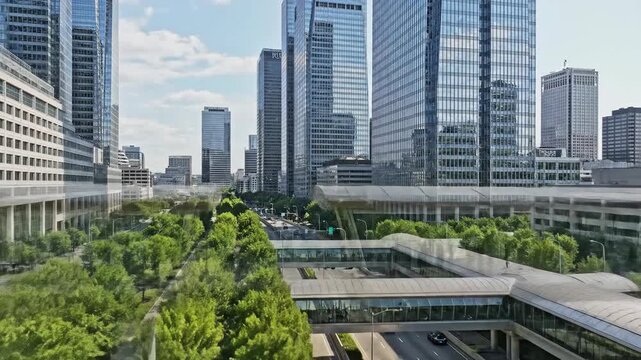 Modern Cityscape with Elevated Walkways and Lush Greenery over a Busy Road