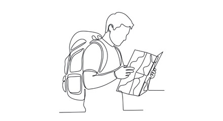 Man with Backpack Reading a Map.