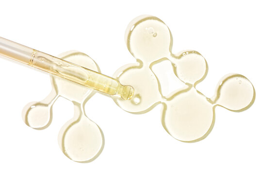 Beauty product pipette dropper sample swatch. Retinol or vitamin c or peptides serum drops looks like molecule on white background