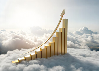 Business success visualization, golden graph rising through clouds