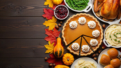 Thanksgiving feast with pumpkin pie roasted turkey and mashed potatoes