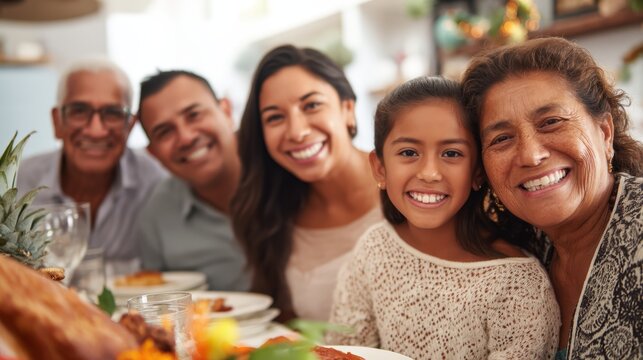 Hispanic multicultural family celebrating special occasion at home with multiple generations showing genuine joy togetherness and cultural bonding in comfortable everyday clothing lifestyle moment.