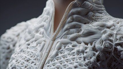 Close-up of intricate 3D printed fabric patterns forming personalized sustainable apparel from clean materials highlighting waste reduction and on-demand manufacturing for green fashion technology.