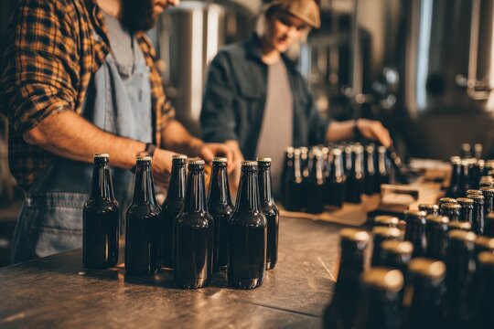Craft brewers working together at local brewery preparing bottled beer products for sale distribution demonstrating teamwork collaboration and small business entrepreneurship success operations.