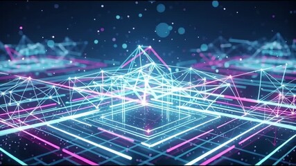 Futuristic digital landscape with neon network grid and geometric shapes viewed from above in a technological environment - Powered by Adobe