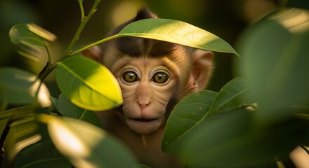 Baby Monkey hiding behind leaves in jungle.