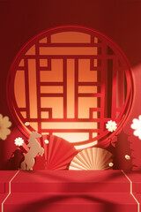 Chinese New Year 2026 Red Product Podium with Staircase and Year of the Horse. Vertical 3D Render.