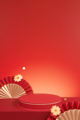 Chinese New Year 2026 Red Product Podium with Minimalist Background and Gold Fans. Vertical 3D Render.