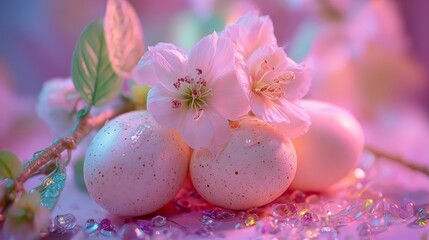Obraz premium Pastel Easter Eggs With Cherry Blossom Flowers For Spring Decor Photography