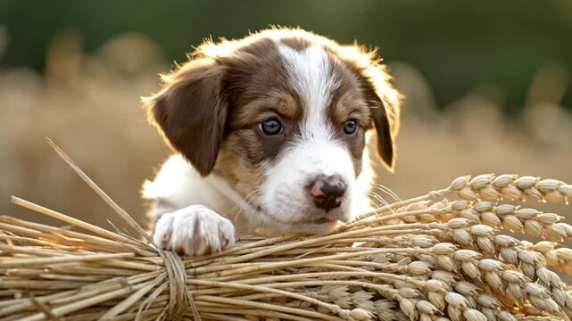 A heartwarming close-up features an adorable brown and white puppy with striking blue eyes, playfully peering over a bundled stack of golden wheat stalks. The young animal's soft fur is beautifully il