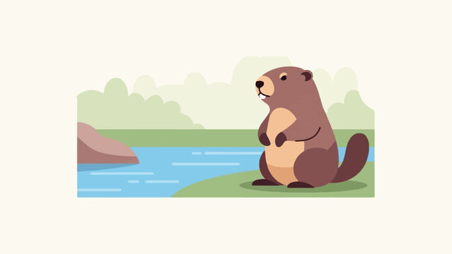 Cartoon beaver by a river with green hills and a rock