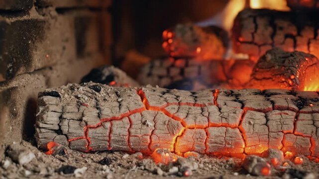 Glowing embers of wood logs in a fireplace, bright orange cracks illuminate the coal, warm heat from burning wood fuel.
