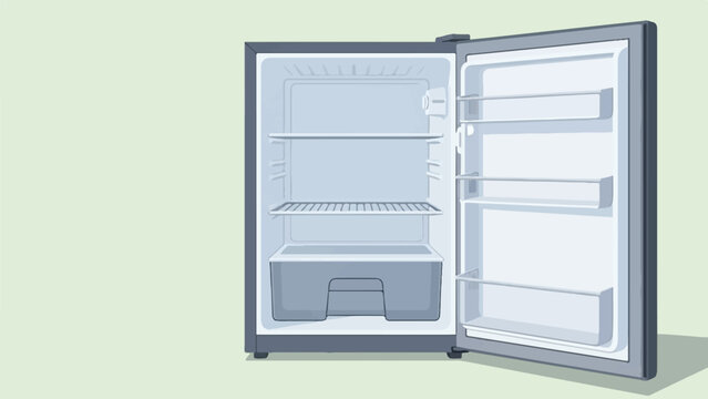 An empty gray refrigerator with the door open, set against a light green background