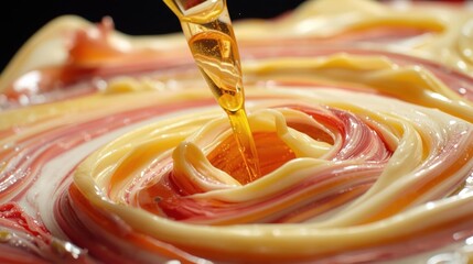 Soap manufacturing, Close-up shot of essential oils being incorporated into a soap batch, showcasing a realistic rendering in high fidelity photography.