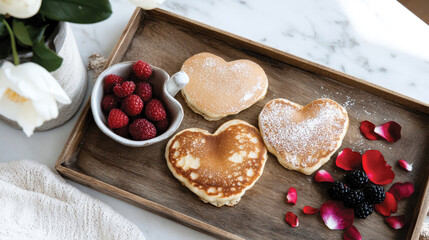 A delightful tray features heart-shaped pancakes accompanied by fresh berries and flower petals, presenting a charming breakfast that celebrates love and intimacy on a special day.