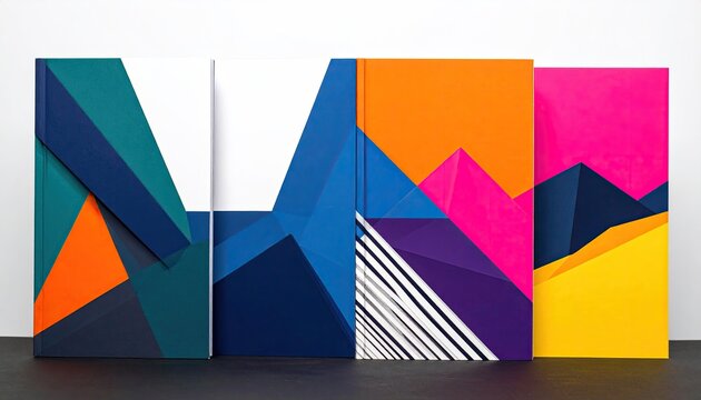 Four abstract geometric notebooks with bold colors and sharp lines