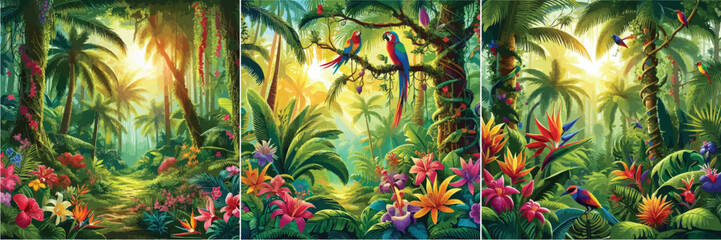 Set of colorful tropical forest vector illustrations