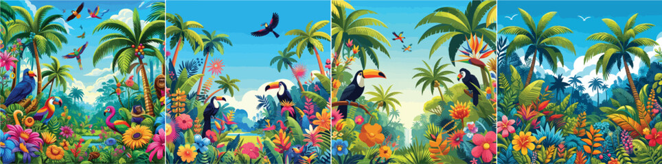 Set of colorful tropical forest vector illustrations