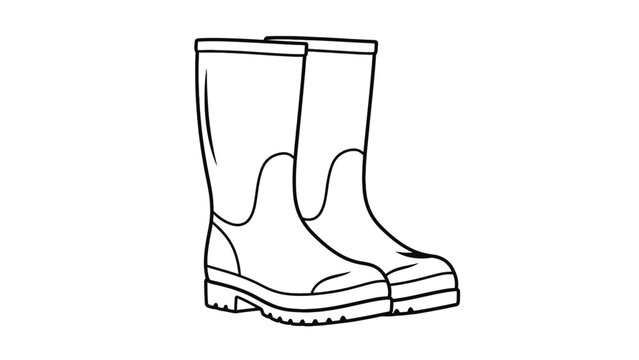 A minimalist line art illustration of a pair of rubber boots with a flat design style