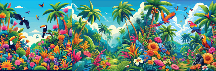 Set of colorful tropical forest vector illustrations