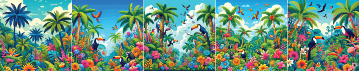 Set of colorful tropical forest vector illustrations