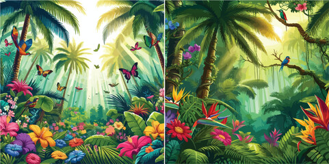 Set of colorful tropical forest vector illustrations