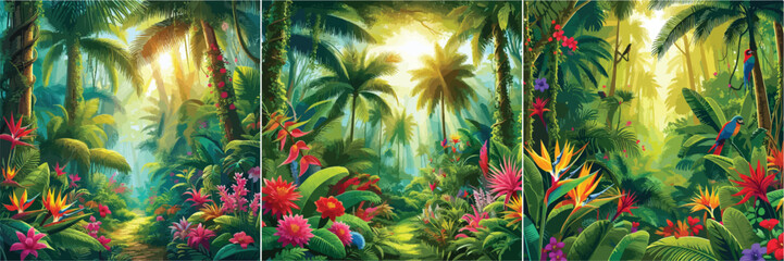 Set of colorful tropical forest vector illustrations