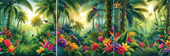 Set of colorful tropical forest vector illustrations