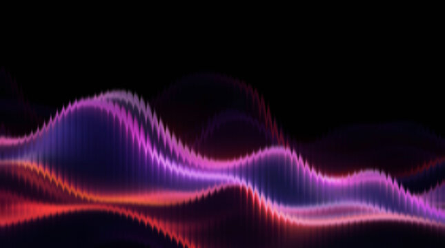 Vibrant sound waves in purple and red on black background